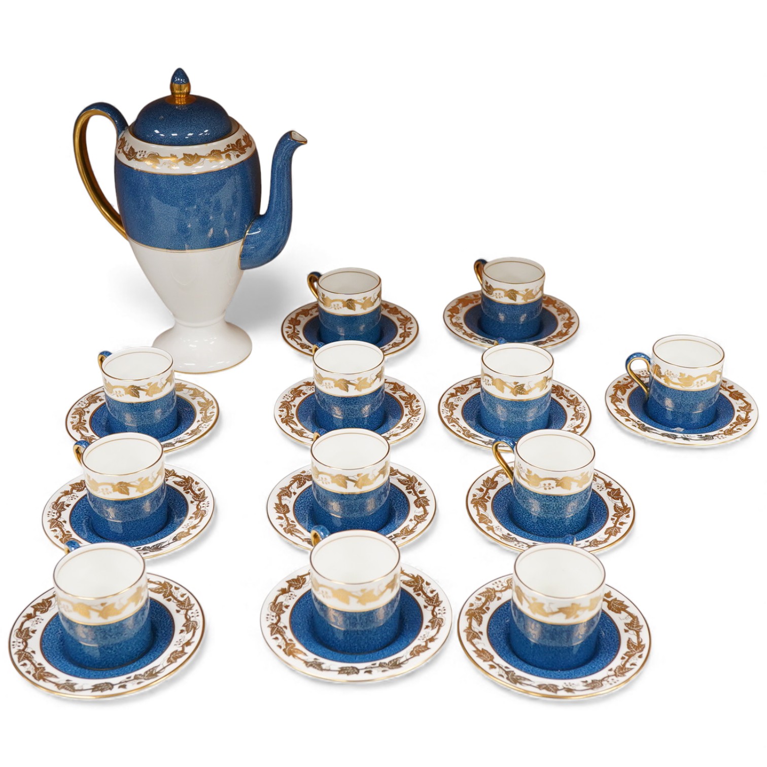A Worcester blue and gilt ivy leaf part coffee service